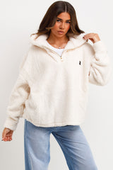 half zip teddy bear fleece sweatshirt hoodie styled up