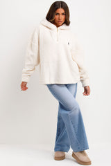 half zip teddy fleece hooded sweatshirt cream