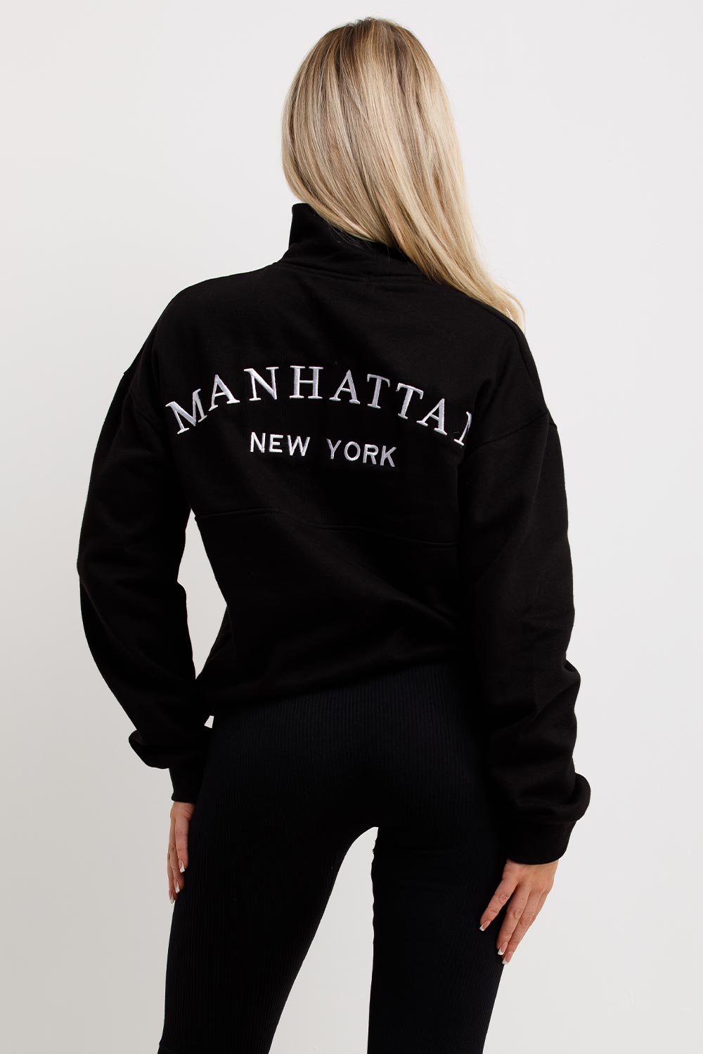 womens sweatshirt with half zip manhattan new york embroidery