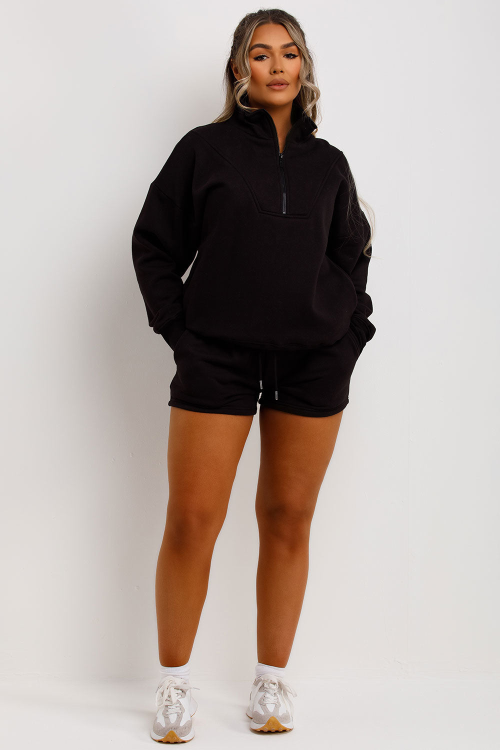 womens shorts tracksuit half zip sweatshirt and runner shorts set