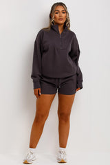 womens charcoal summer tracksuit sweatshirt with half zip and shorts lounge set