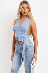 womens halter neck top with drape detail and backless