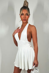 halter neck mini dress with open back white