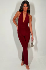 burgundy christmas party jumpsuit going out weekend outfit styledup