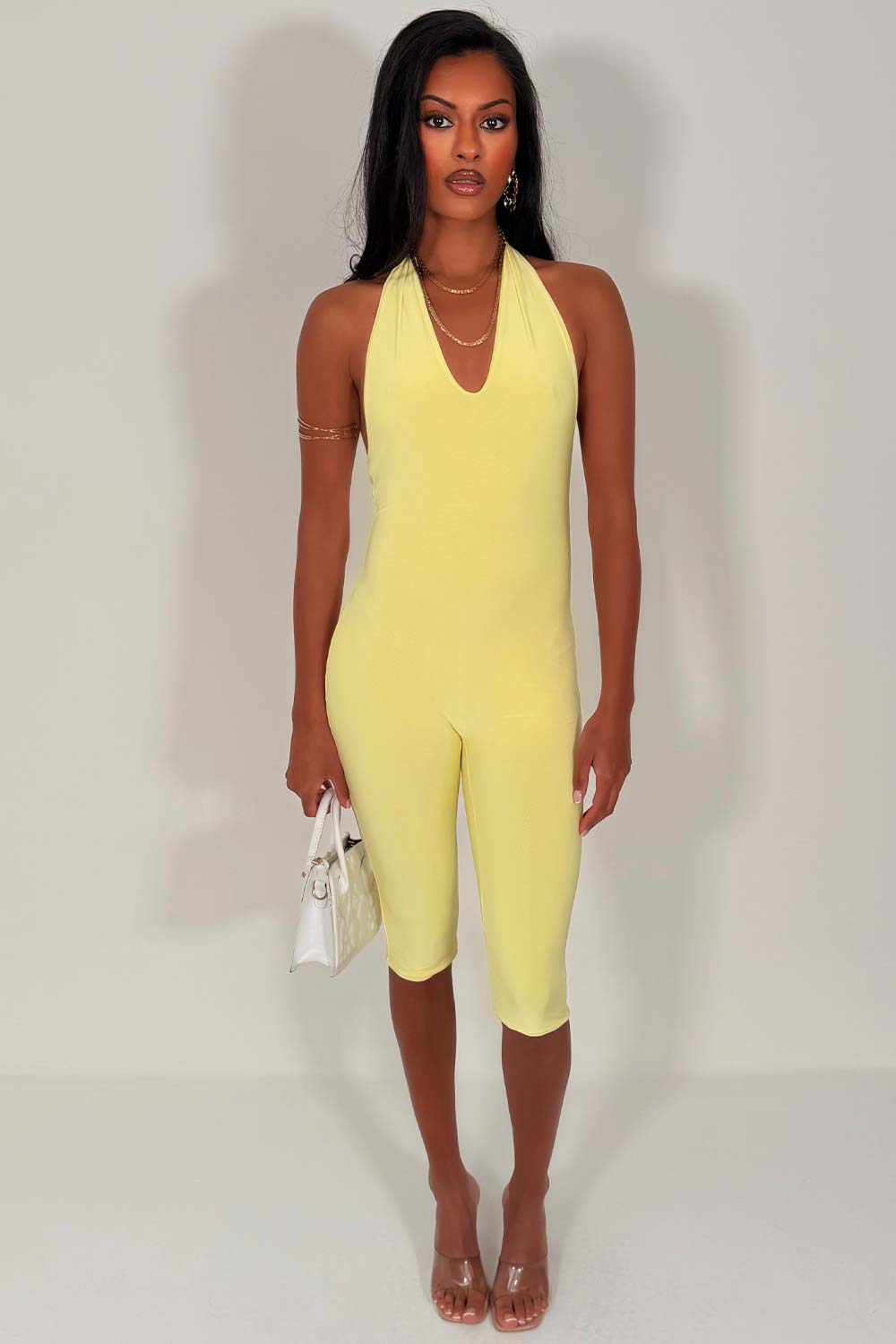 yellow capri jumpsuit backless halterneck summer festival outfit uk