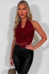 cowl halter neck backless lace top burgundy 