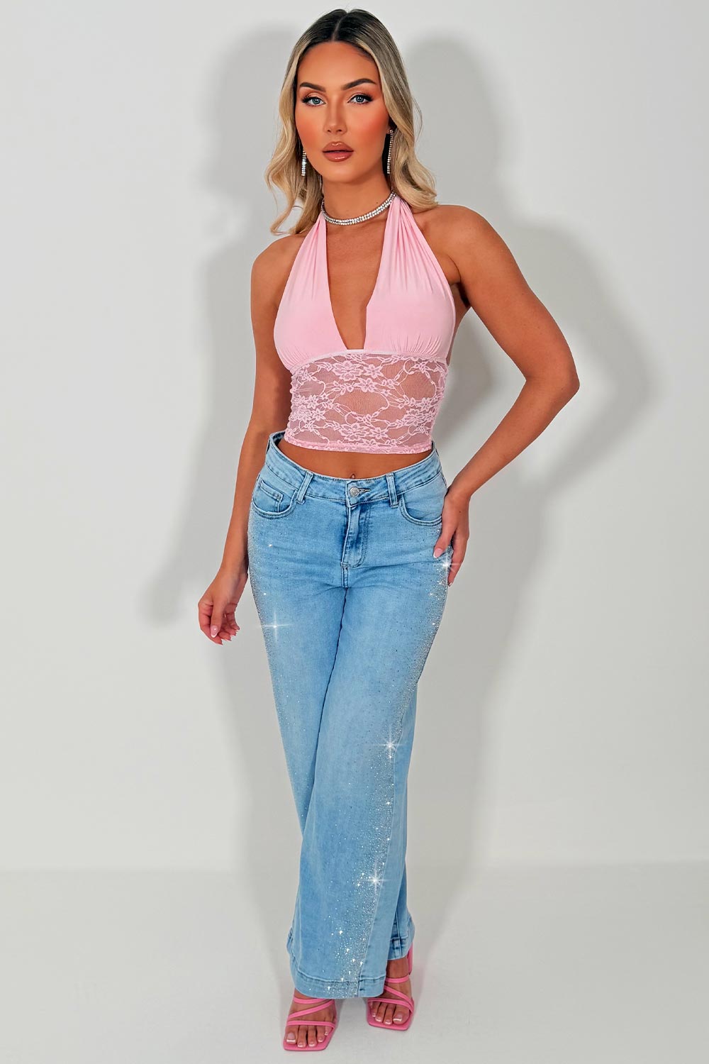 plunging halter neck crop top with lace hem styledup