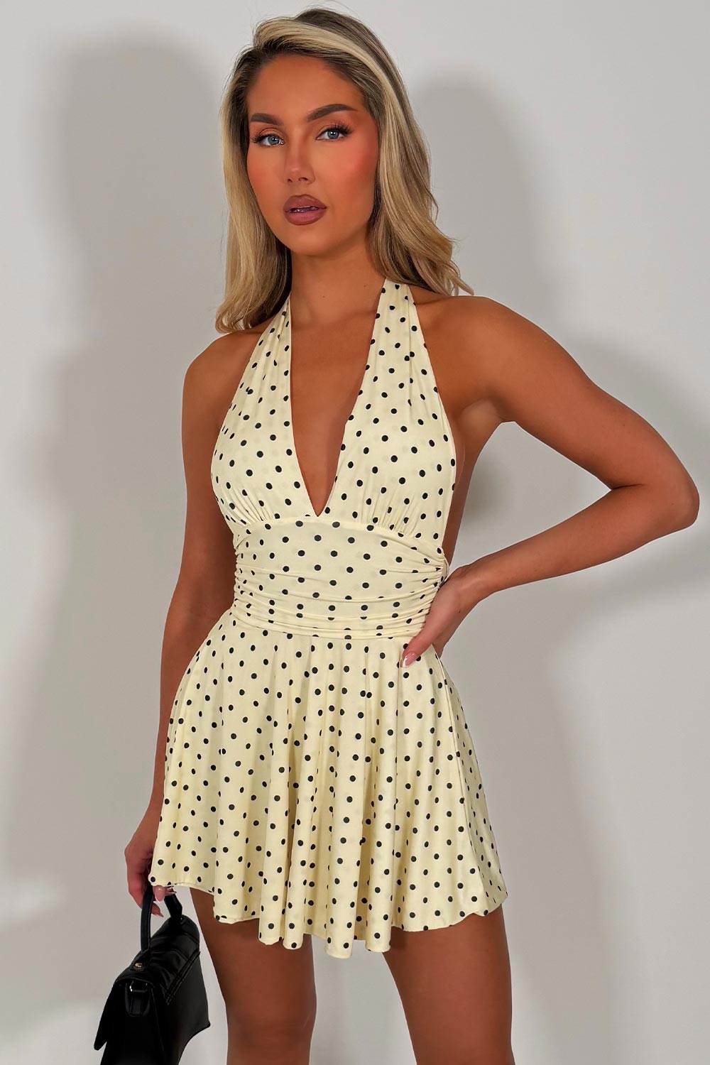 polka dot halterneck mini dress backless summer holiday outfit styledup fashion