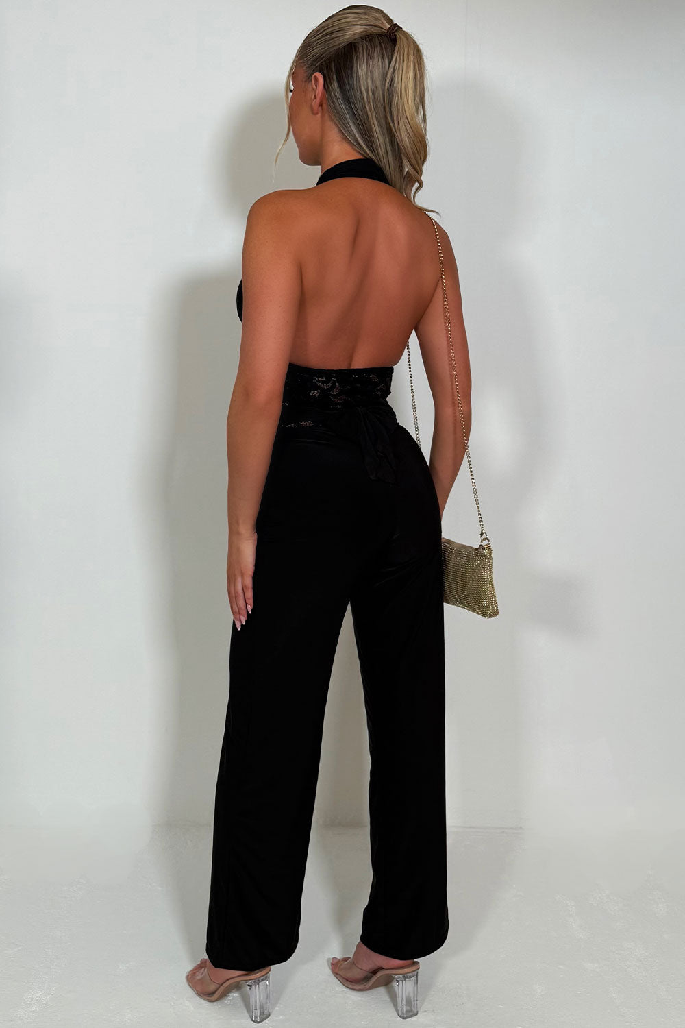 plunge halter neck backless wide leg jumpsuit with lace insert styledup 