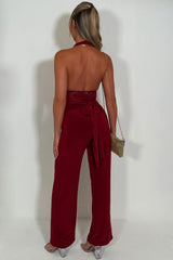 lace panel halter pluge neck backless jumpsuit going out occasion outfit