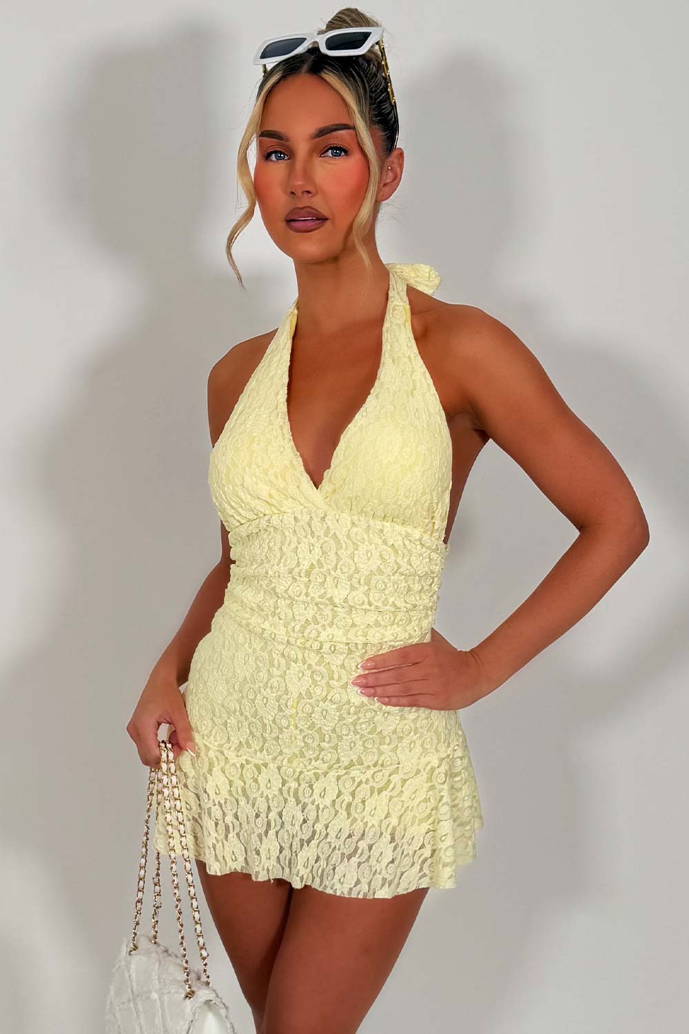 halter neck lace ruffle frilly playsuit styledup
