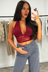 lace hem plunge halter neck crop top styledup