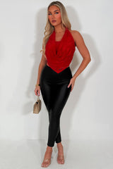 halter neck cowl lace backless top red styledup 