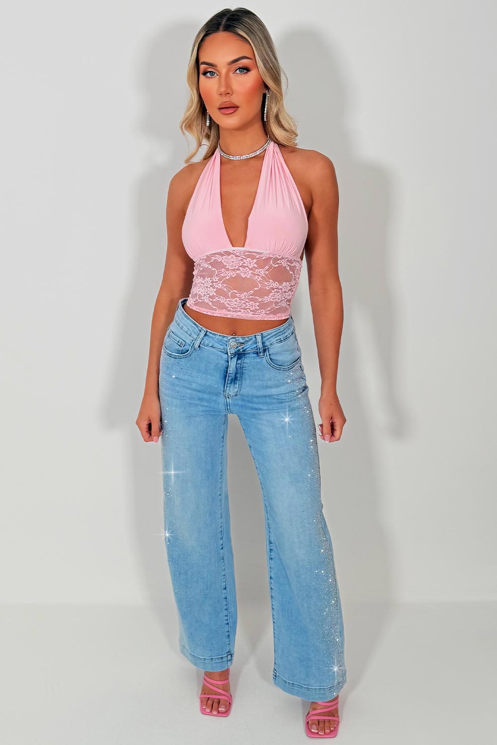 plunge halter neck crop top with lace hem styledup