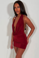 burgundy backless cowl halter neck mini dress christmas party outfit styledup