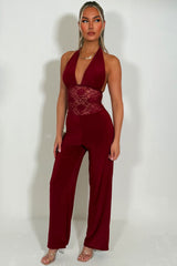 burgundy plunge neck lace panel backless wide leg jumpsuit styledup