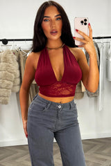 halter plunge neck crop top with lace hem styledup