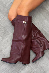 womens faux leather fold over knee high cowboy boots with gold buckle 