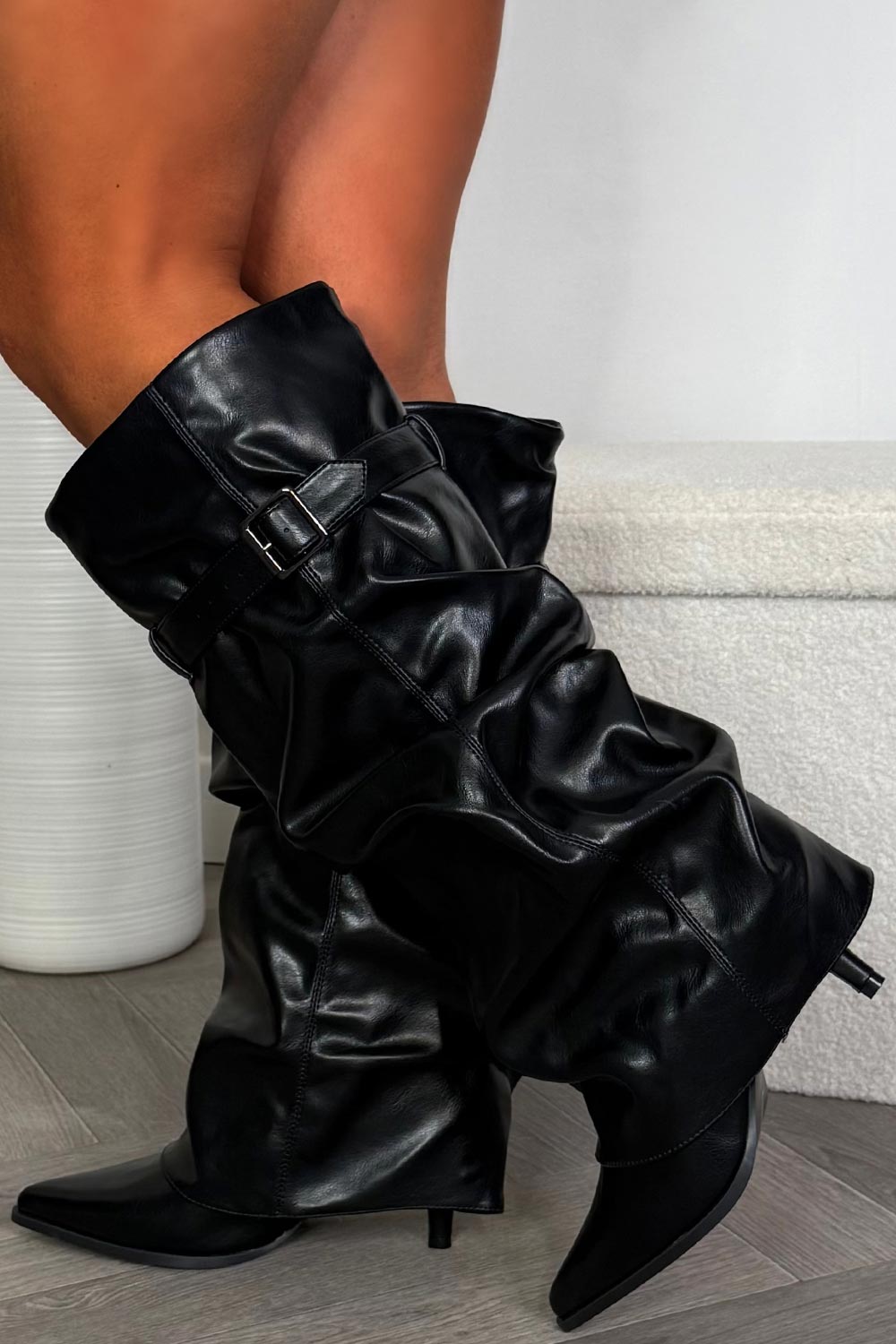 faux leather knee high heeled boots for night out christmas party outfit uk shark boots givenchy