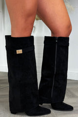 womens faux suede fold over knee high cowboy boots with gold buckle 