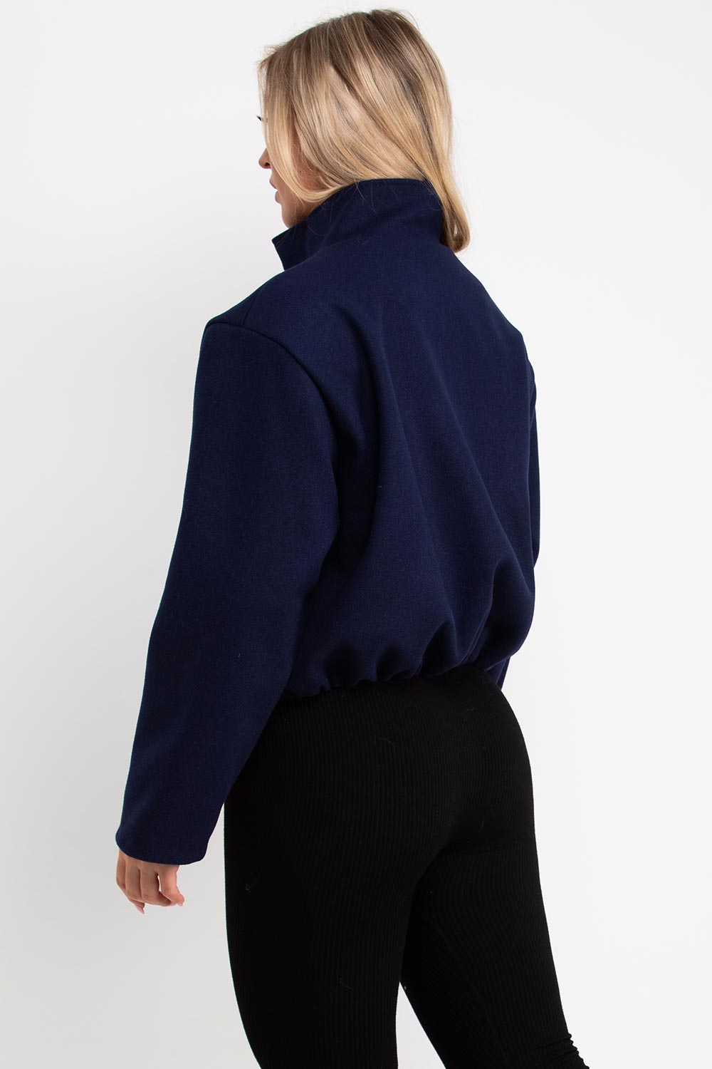 Navy Bomber Style Jacket With High Collar And Long Sleeves