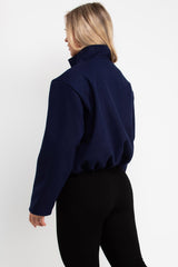 Navy Bomber Style Jacket With High Collar And Long Sleeves
