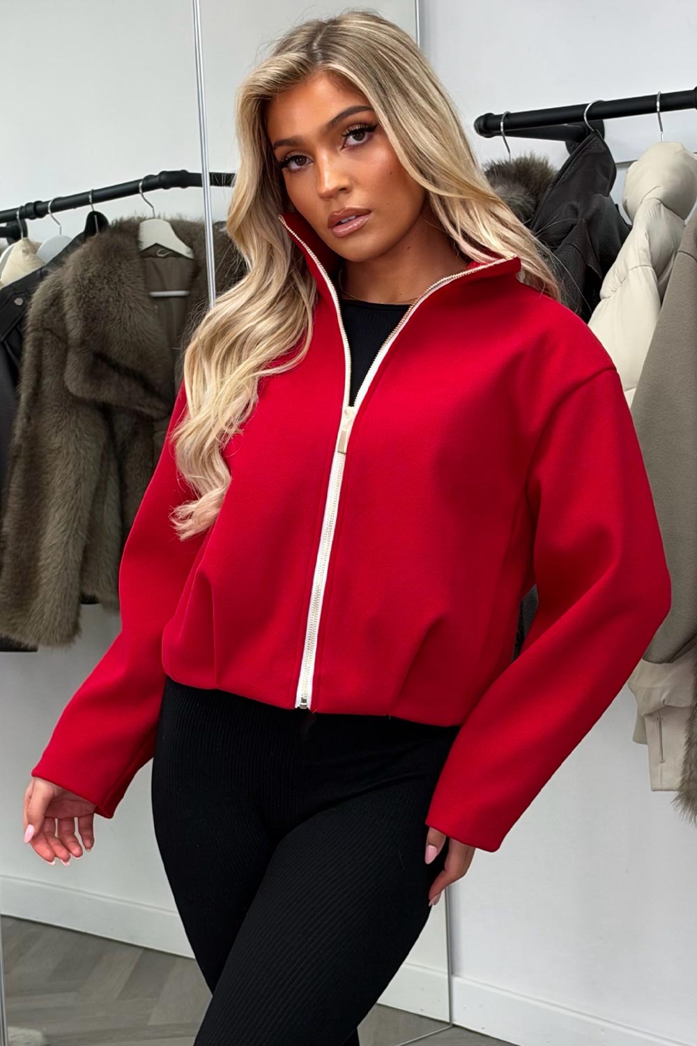 womens red high collar funnel neck soft bomber jacket styledup uk