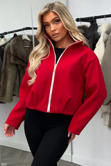 womens red high collar funnel neck soft bomber jacket styledup uk