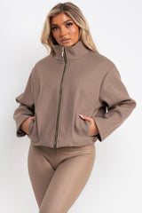 womens taupe high collar funnel neck soft bomber jacket styledup uk