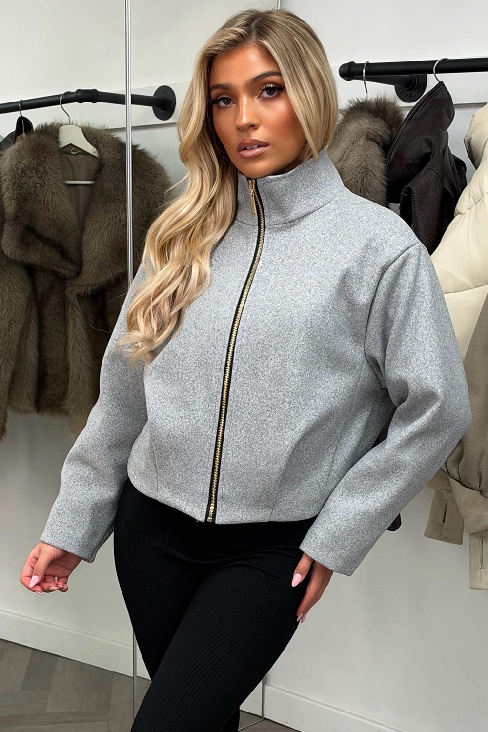 zara womens grey bomber jacket with high collar styledup uk