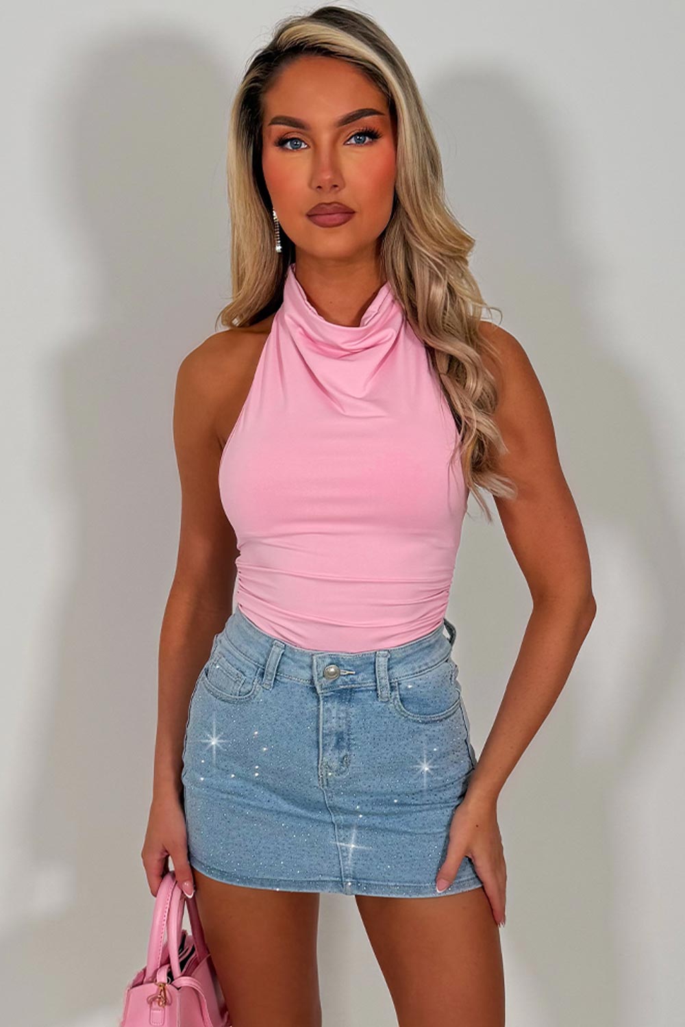 cowl halter neck bodysuit top black styledup whitefox uk