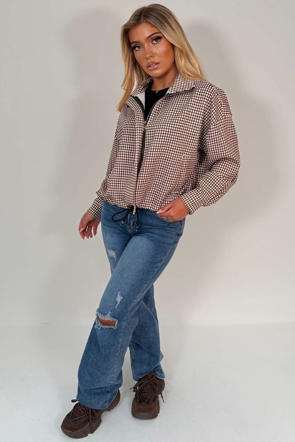 womens checked jacket brown checked print styledup uk