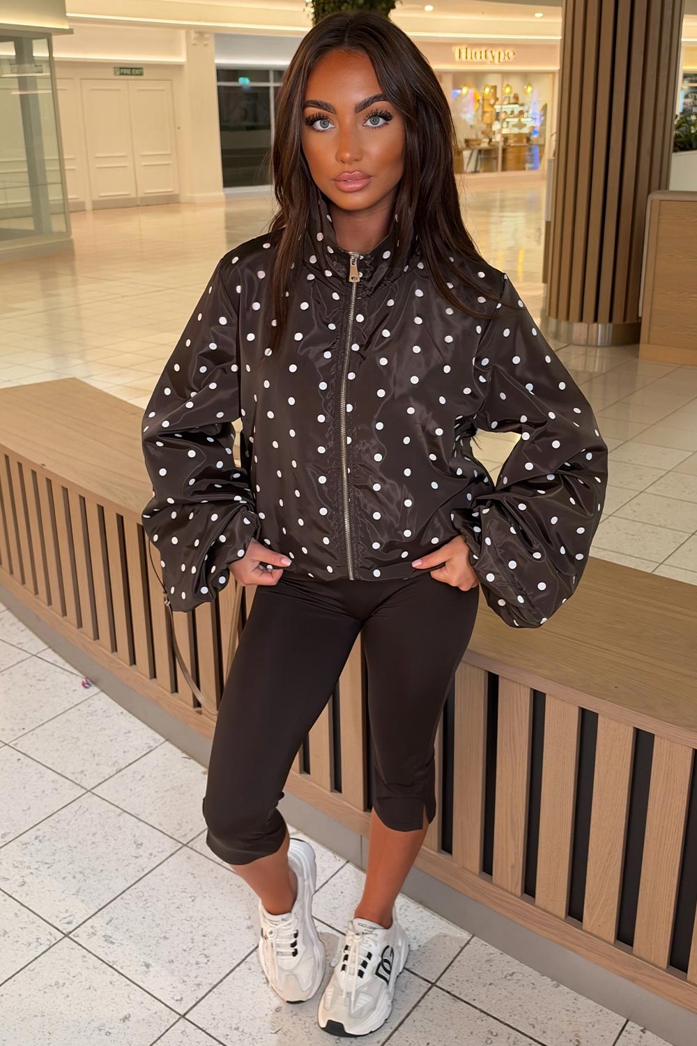 brown funnel neck polka dot windbreaker festival rave jacket for womens styledup uk