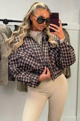 womens oversized brown check padded puffer jacket styledup uk