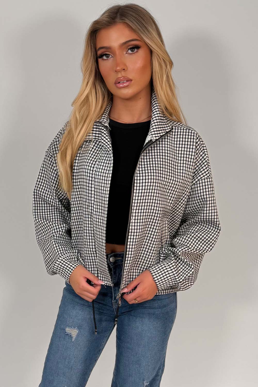 womens stradivarius checked jacket with drawstring hem sale styledup uk