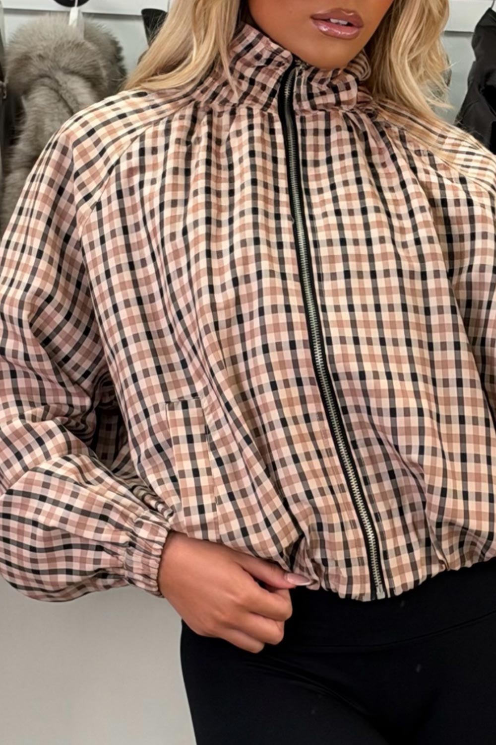 cernucci funnel neck jacket for womens in brown checked styledup uk