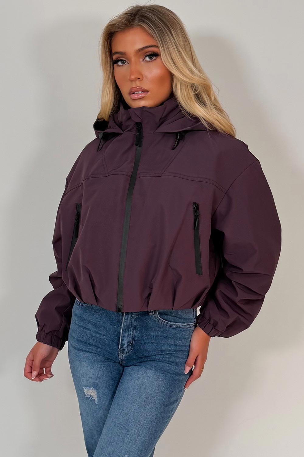 womens purple hooded padded rain jacket for festival styledup uk