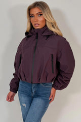 womens purple hooded padded rain jacket for festival styledup uk