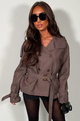 brown check print trench jacket funnel neck styledup uk