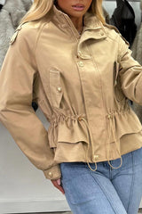womens beige funnel neck jacket with drawstring waist styledup uk