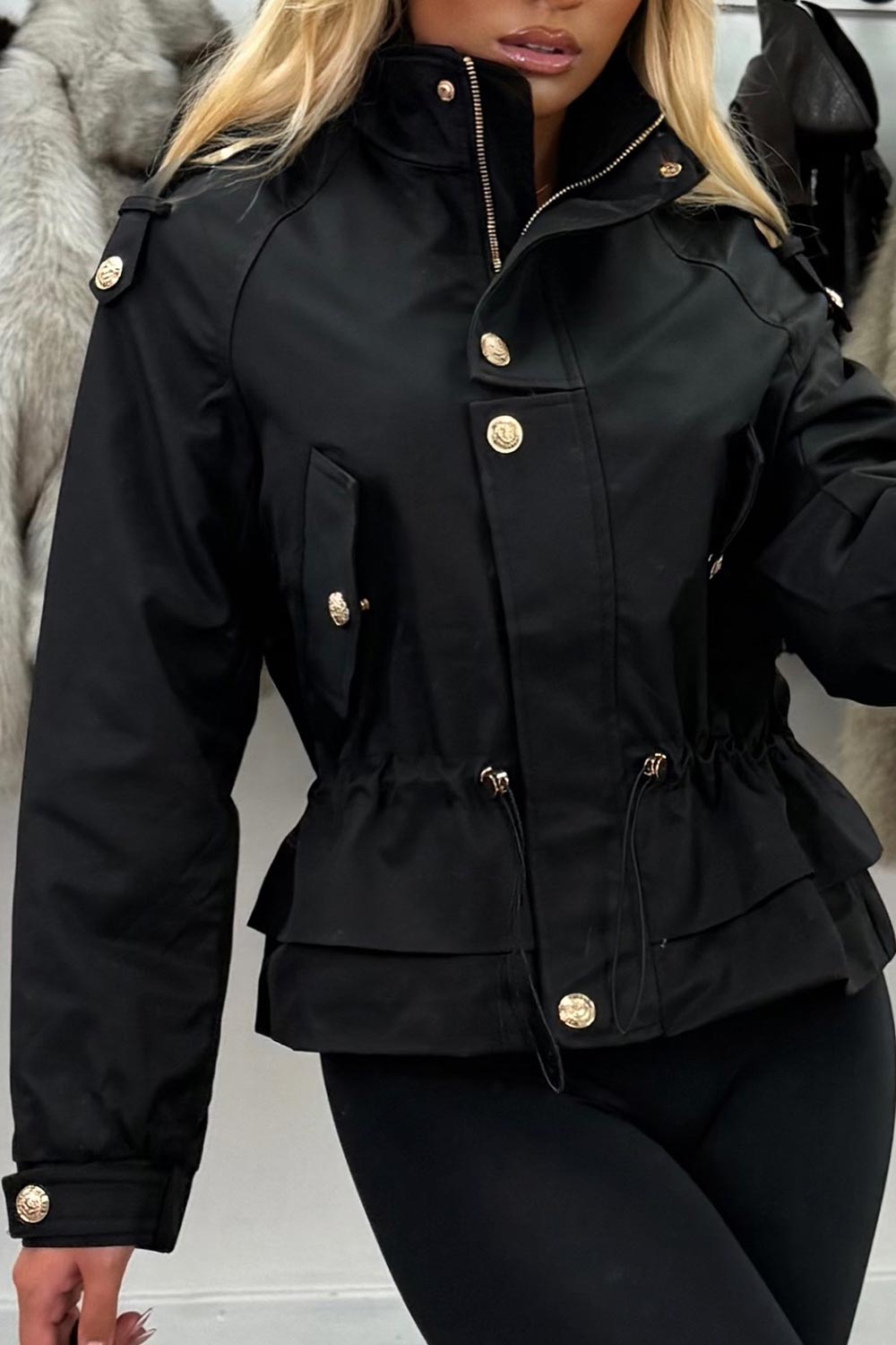womens funnel neck jacket with gold buttons styledup uk 