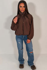 womens funnel neck jacket brown windbreaker styledup uk