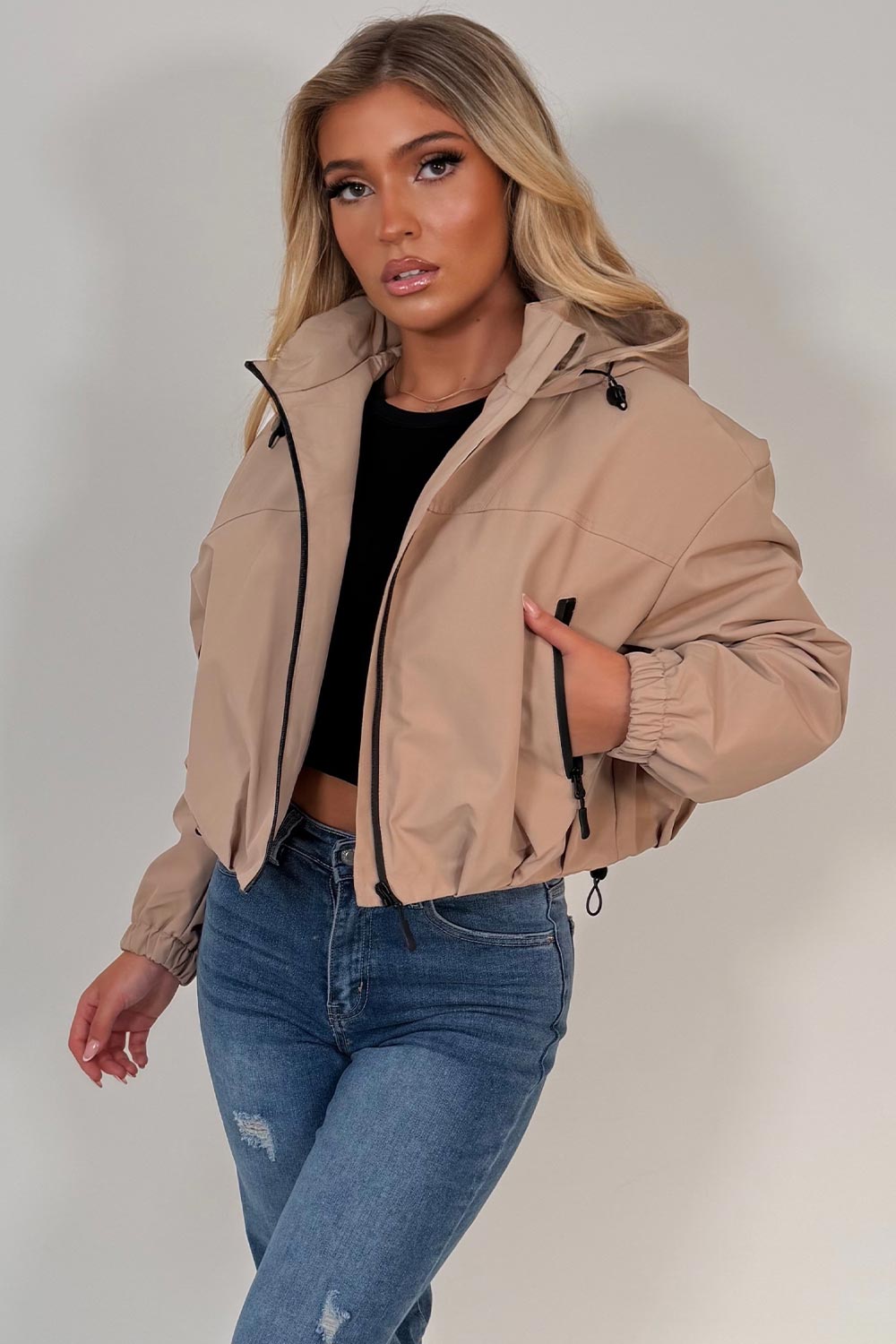 womens beige padded hooded crop jacket styledup uk