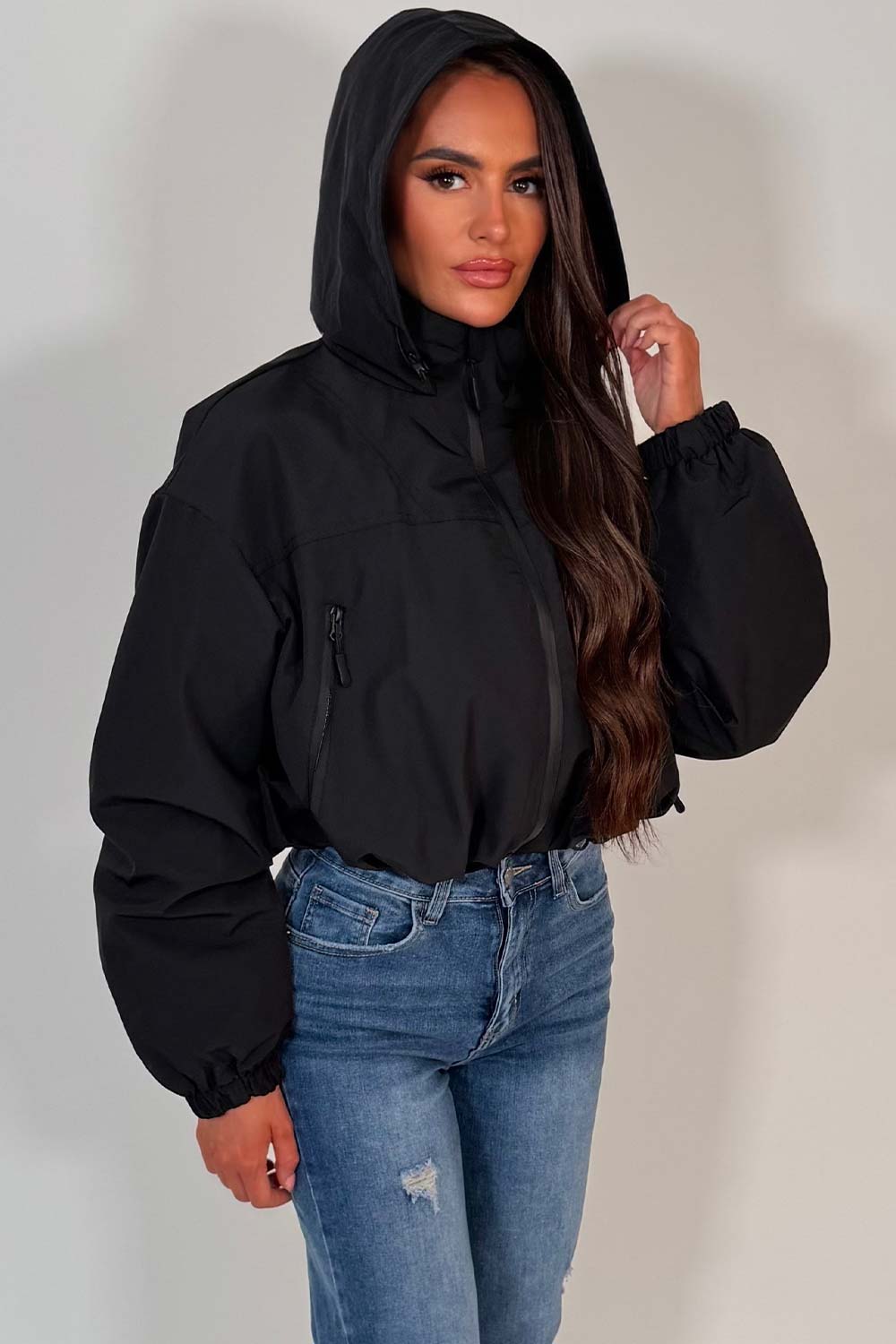 black hooded padded crop jacket womens styledup uk weather resistant