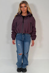 womens purple padded hooded crop jacket styledup uk