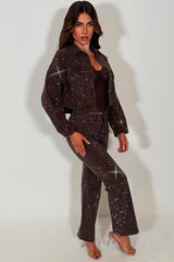 brown diamante rhinestone relaxed oversize jeans womens uk