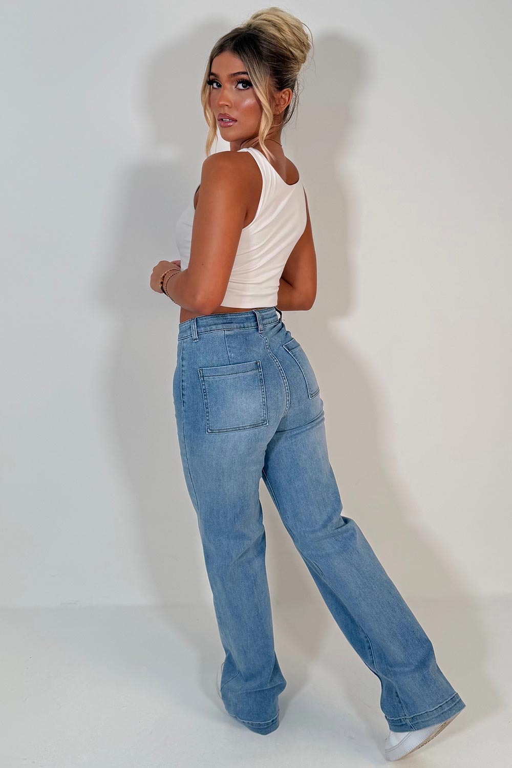 womens zara straight leg stretchy denim jeans with seam detail on the front styledup uk