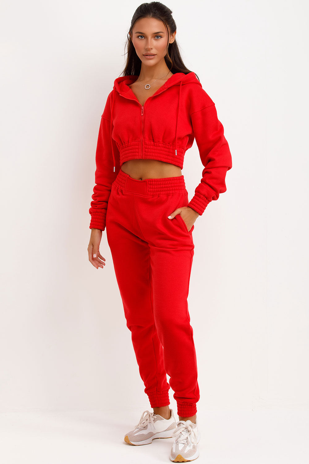 red crop hoodie and joggers tracksuit set