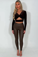 faux leather leggings brown high waisted 