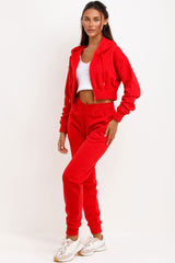 womens crop zip front hoodie and joggers tracksuit lounge set red